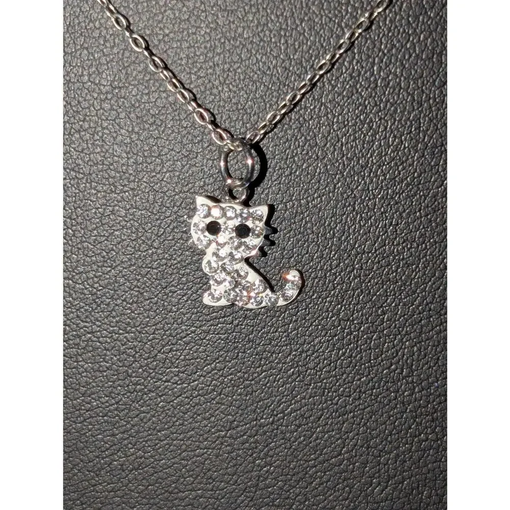 925 Sterling Silver Crystal Cat Pendant 18" Chain Necklace - Picture 3 of 6